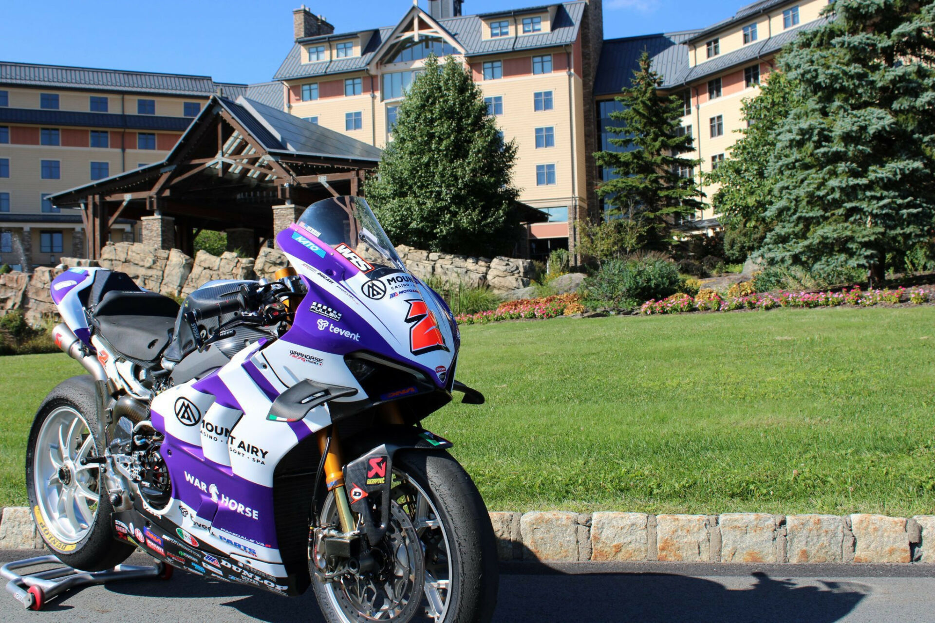 This Warhorse HSBK Racing Ducati NYC Panigale V4 R, pictured outside of Mount Airy Casino Resort in Pennsylvania’s Pocono Mountains, will compete in the Medallia Superbike races at New Jersey Motorsports Park this weekend. Photo courtesy Warhorse HSBK Racing Ducati.