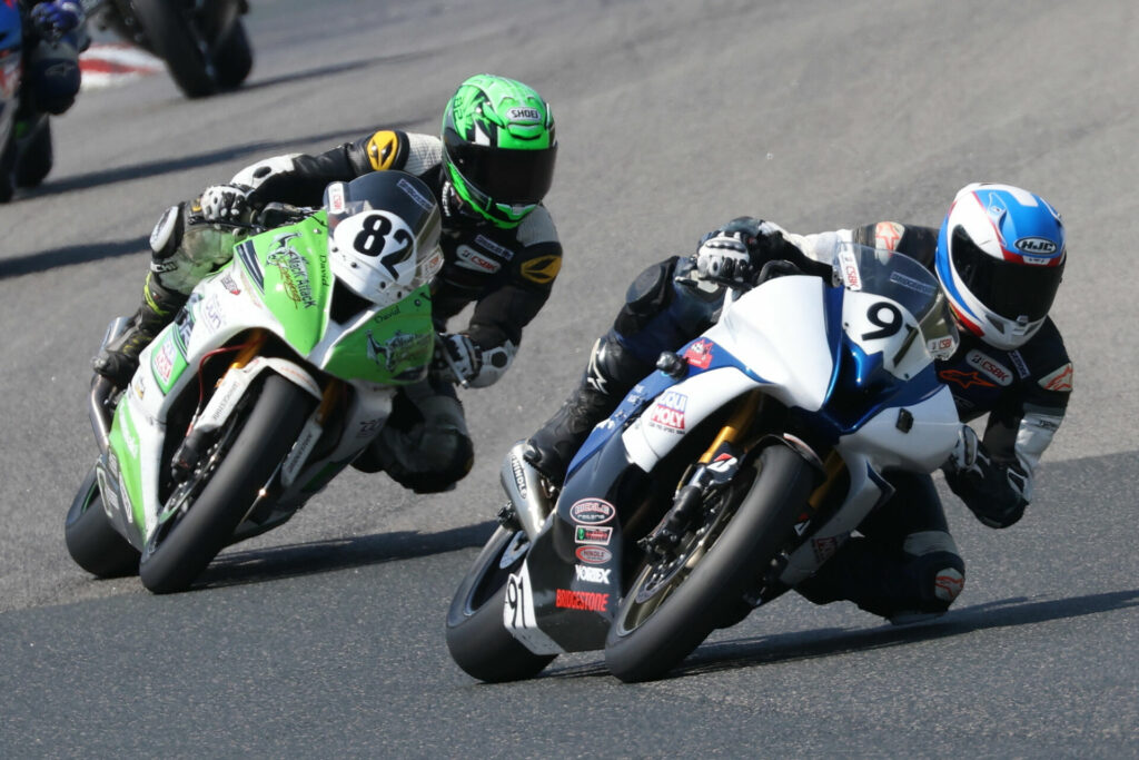 This is exactly the position that Matt Simpson (91) hopes to be in next weekend during the Bridgestone CSBK season finale at Shannonville. The Yamaha rider currently sits second in the Pro Sport Bike championship behind David MacKay (82). Photo by Rob O'Brien, courtesy CSBK.
