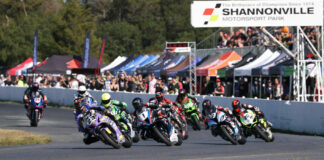 It was Alex Dumas (23) who grabbed the holeshot and led most of Saturday's Superbike race two at Shannonville Motorsport Park. Ben Young (1) took the lead on the last lap and went on to win the race, clinching the 2023 CSBK championship in the process. Trevor Dion (20) was third. Photo by Rob O'Brien, courtesy CSBK.