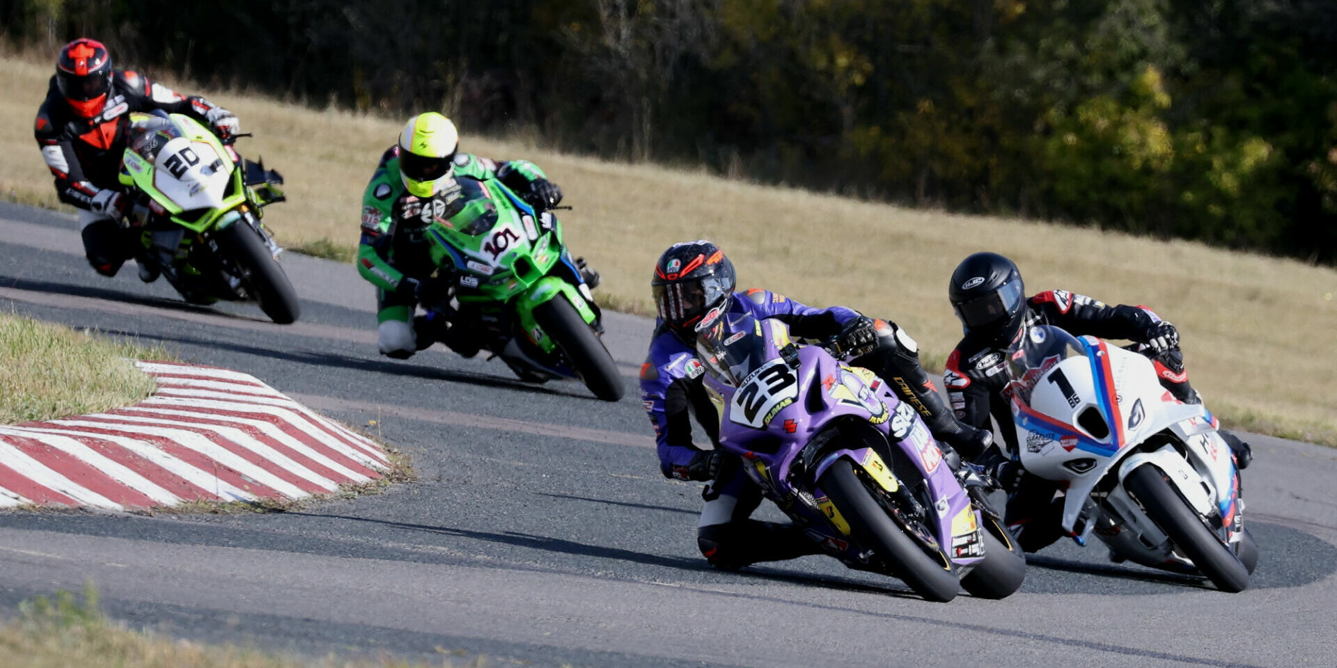 Alex Dumas (23) finished off the season in style, leading Sunday's GP Bikes Pro Superbike race from start to finish at Shannonville Motorsport Park ahead of newly crowned 2023 CSBK champion Ben Young (1) in second and Trevor Dion (20) in third. Jordan Szoke (101) finished fourth. Photo by Rob O'Brien, courtesy CSBK.