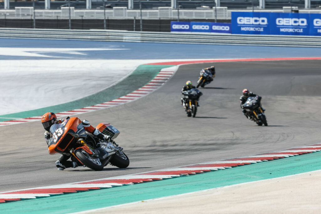 Kyle Wyman (33) leading King Of The Baggers Race One. Photo by Brian J. Nelson, courtesy Harley-Davidson.