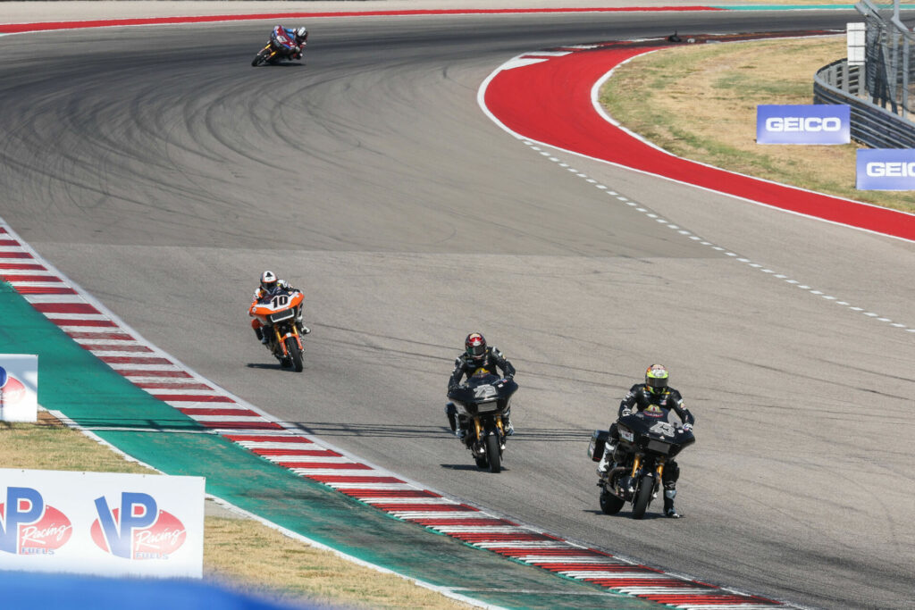 James Rispoli (43) leading King Of The Baggers Race One. Photo by Brian J. Nelson, courtesy Harley-Davidson.