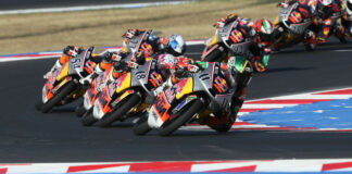 Ruche Moodley (11) leading Angel Piqueras (18), Alvaro Carpe (behind Piqueras), Alberto Ferrandez (54), and Rico Salmela (27) in Race Two. Photo courtesy Red Bull.