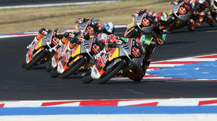 Ruche Moodley (11) leading Angel Piqueras (18), Alvaro Carpe (behind Piqueras), Alberto Ferrandez (54), and Rico Salmela (27) in Race Two. Photo courtesy Red Bull.