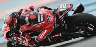Sylvain Guintoli (12) at speed on the Yoshimura SERT Motul Suzuki GSX-R1000R in France. Photo courtesy Yoshimura SERT Motul.