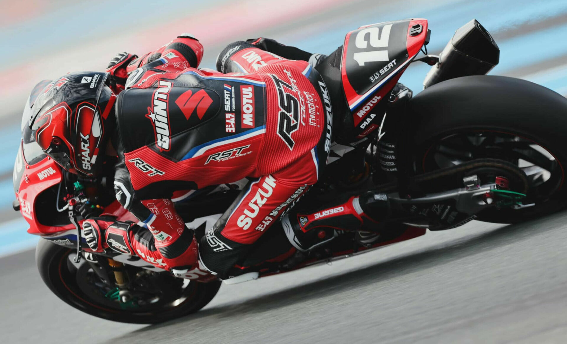 Sylvain Guintoli (12) at speed on the Yoshimura SERT Motul Suzuki GSX-R1000R in France. Photo courtesy Yoshimura SERT Motul.