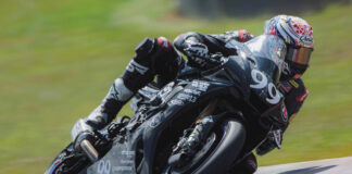 Taylor Knapp (99) takes a weekend off from work testing Dunlop motorcycle tires to come to Summit Point to ride a motorcycle equipped with Dunlop tires..but recreationally. Photo by Vae Vang/Noiseless Productions, courtesy Army of Darkness.