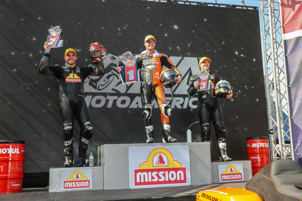 Kyle Wyman (center) won King Of The Baggers Race One over runner-up Hayden Gillim (left) and third-place finisher James Rispoli (right). Photo by Brian J. Nelson, courtesy Harley-Davidson.