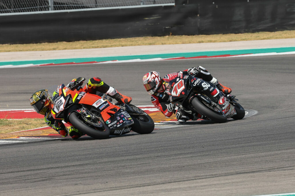 Xavi Fores (12) leading Tyler Scott (70) during Supersport Race Two at COTA. Photo courtesy Ducati.