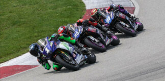 One of these three riders - Blake Davis (1), Gus Rodio (96) or Rocco Landers (97) - will be crowned as the 2023 MotoAmerica REV'IT! Twins Cup Champion in the series finale September 22-24 at NJMP. Photo by Brian J. Nelson, courtesy MotoAmerica.