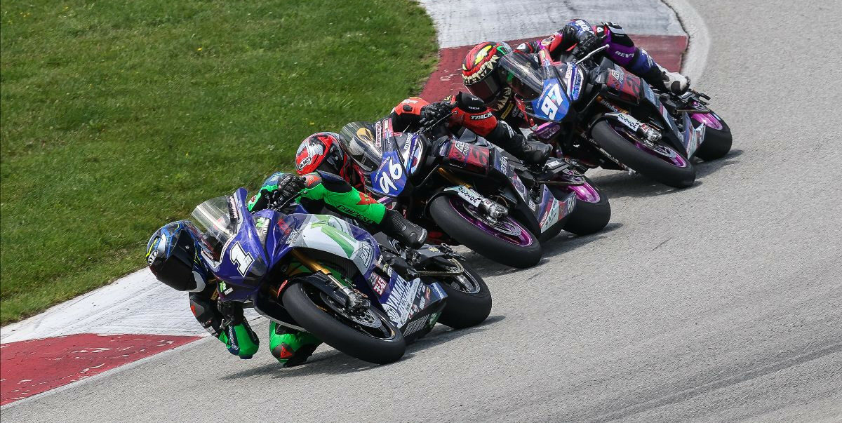 One of these three riders - Blake Davis (1), Gus Rodio (96) or Rocco Landers (97) - will be crowned as the 2023 MotoAmerica REV'IT! Twins Cup Champion in the series finale September 22-24 at NJMP. Photo by Brian J. Nelson, courtesy MotoAmerica.