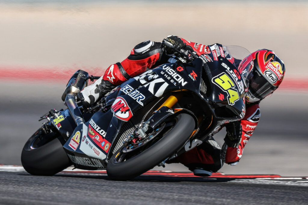 Richie Escalante (54) finally gets his first Superbike podium in Race 1 aboard his GSX-R1000R. Photo courtesy Suzuki Motor USA, LLC.