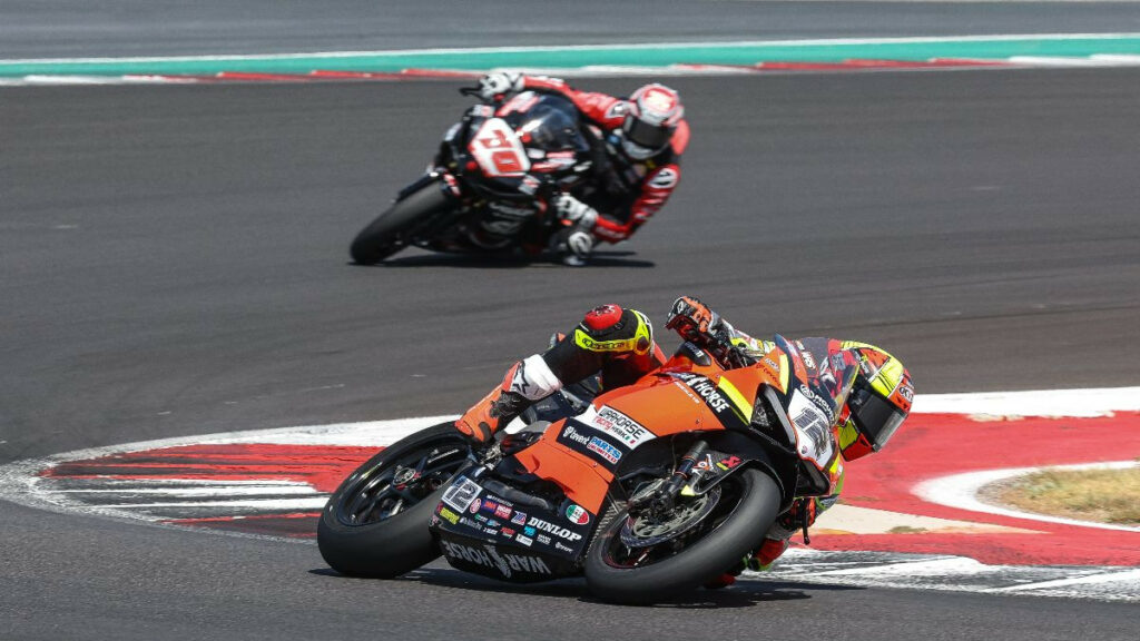 Xavi Fores (12) won the Supersport race on Saturday at COTA over Tyler Scott (70) and with the win wrapped up the championship. Photo by Brian J. Nelson.