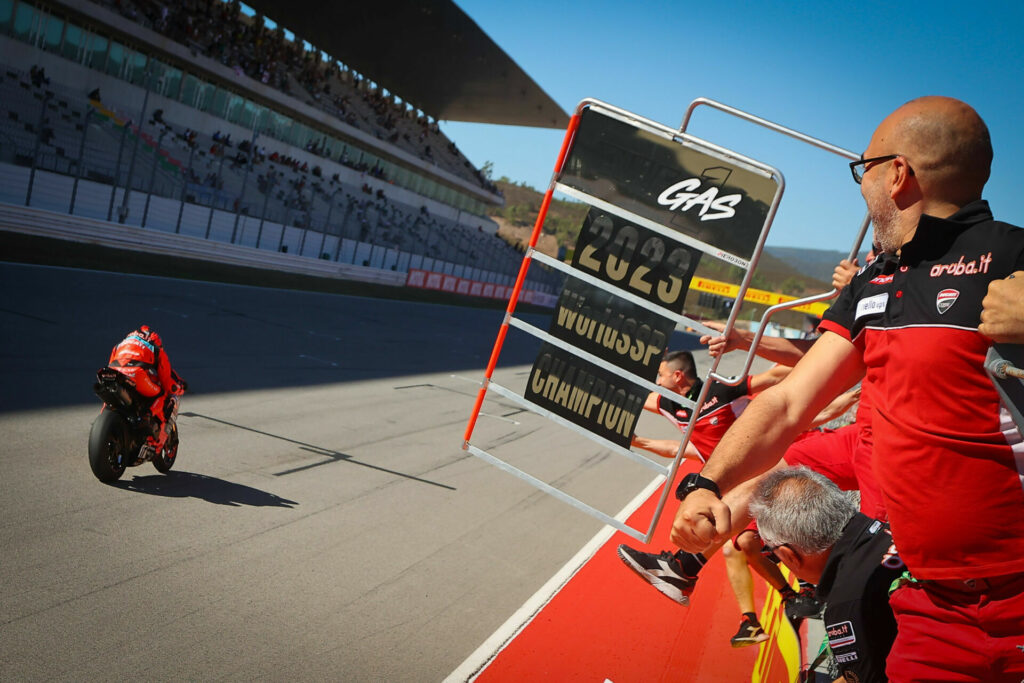 Nicolo Bulega won World Supersport Race One Saturday in Portugal. Photo courtesy Dorna.