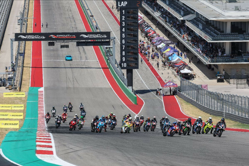 The Steel Commander Stock 1000 race storms towards turn one at Circuit of The Americas on Saturday afternoon. Photo by Brian J. Nelson.