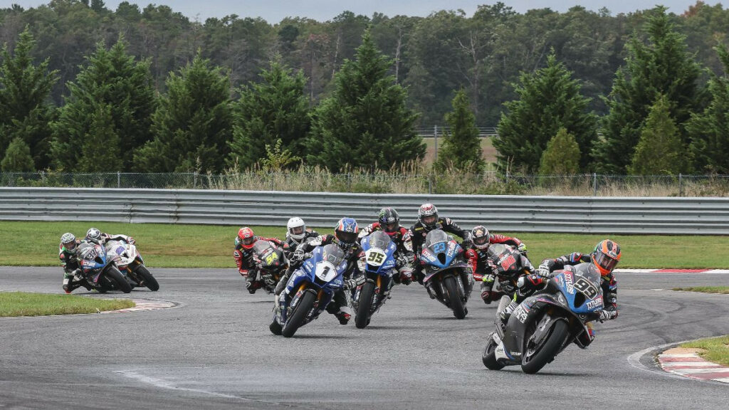 PJ Jacobsen (99) got off to a fast start to lead Jake Gagne (1), JD Beach (95) and Corey Alexander (23) in Sunday's Medallia Superbike race at New Jersey Motorsports Park.Photo by Brian J. Nelson