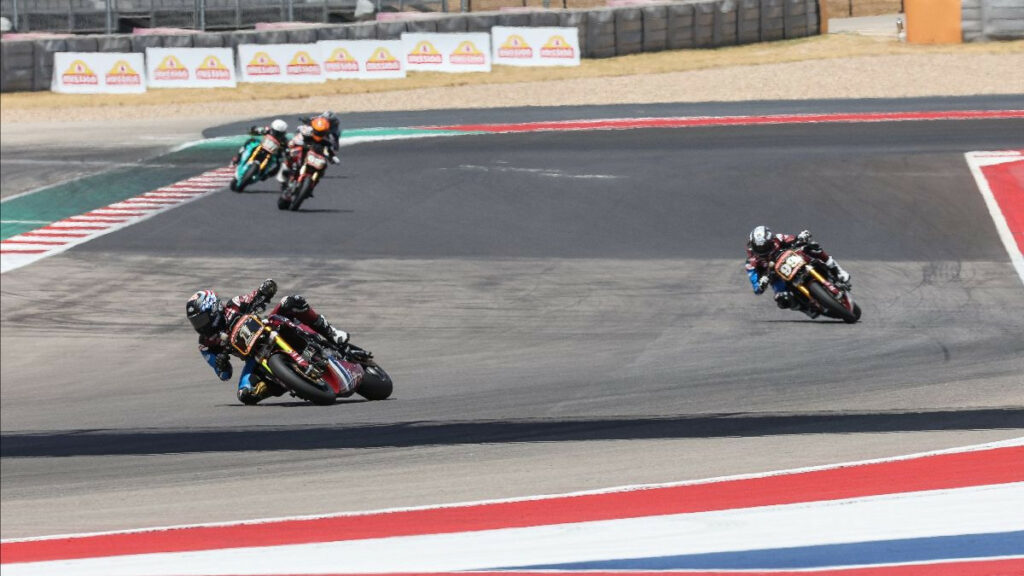 Tyler O'Hara (1) beat his teammate Jeremy McWilliams (99) to win the Mission Super Hooligan National Championship round at COTA. Photo by Brian J. Nelson.