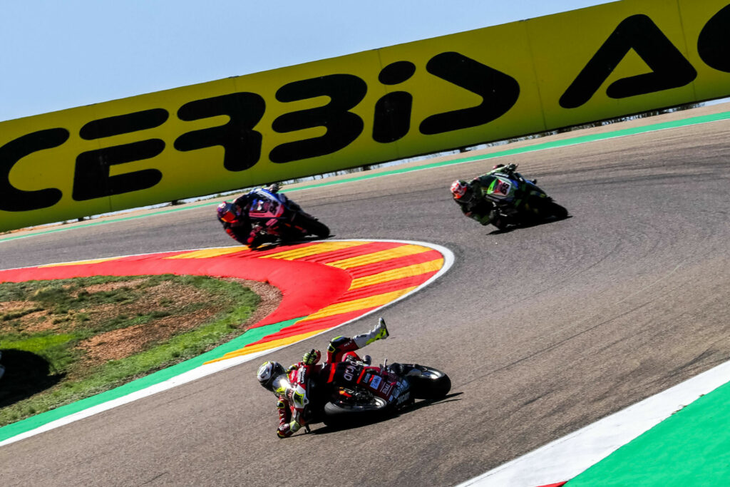 Alvaro Bautista (1) crashed twice during Race One. The first fall came ahead of Jonathan Rea (65) and Toprak Razgatlioglu (54). Photo courtesy Dorna.