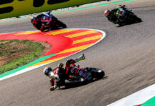 Alvaro Bautista (1) crashed twice during Race One. The first fall came ahead of Jonathan Rea (65) and Toprak Razgatlioglu (54). Photo courtesy Dorna.