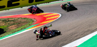 Alvaro Bautista (1) crashed twice during Race One. The first fall came ahead of Jonathan Rea (65) and Toprak Razgatlioglu (54). Photo courtesy Dorna.