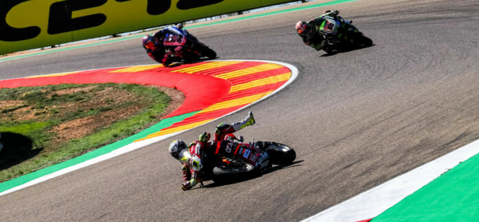 Alvaro Bautista (1) crashed twice during Race One. The first fall came ahead of Jonathan Rea (65) and Toprak Razgatlioglu (54). Photo courtesy Dorna.