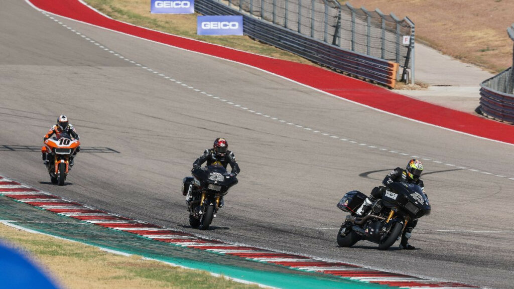 James Rispoli (43) leads Hayden Gillim (79) and Travis Wyman (10) en route to winning the Mission King Of The Baggers race at COTA on Sunday. Photo by Brian J. Nelson.
