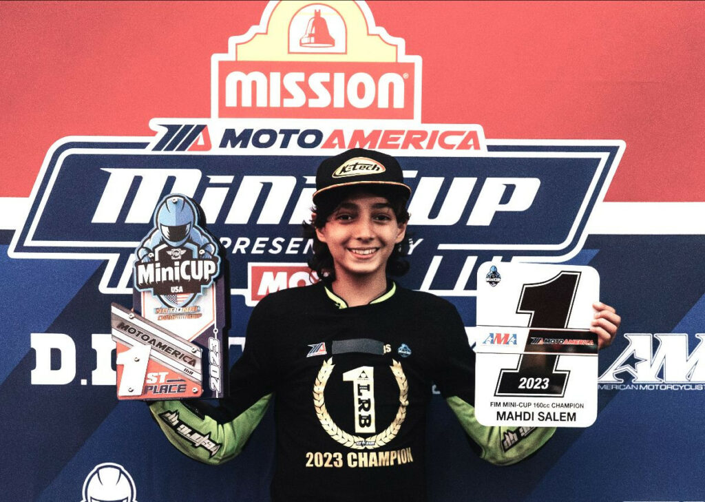 Mahdi Salem won both of Friday's FIM Mini Cup races to earn the FIM Mini Cup Championship in the Ohvale 160 class during Mission Mini Cup By Motul action at New Jersey Motorsports Park.Photo by Kingsport Media, courtesy MotoAmerica.