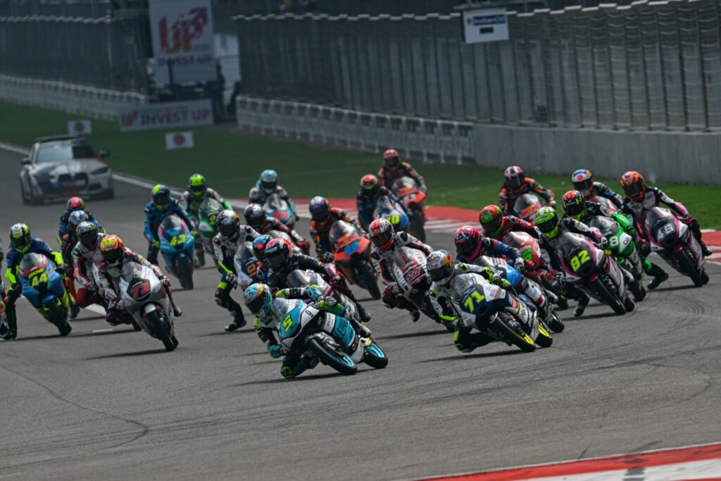 Jaume Masia (5) leads the Moto3 field at the start of the race in India. Photo courtesy Dorna.