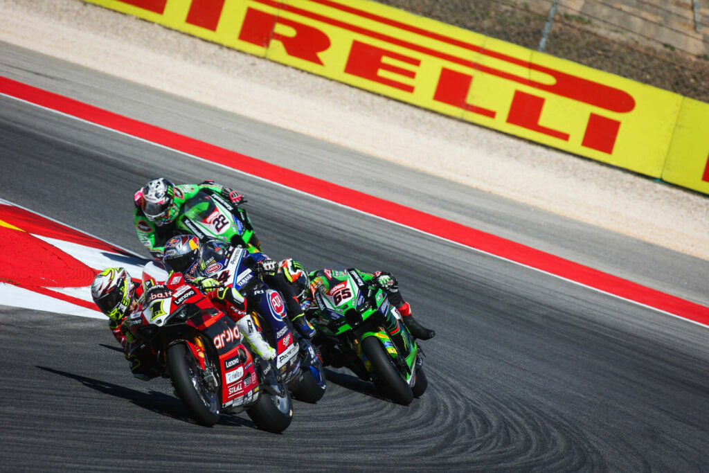 Alvaro Bautista (1) leads Toprak Razgatlioglu (54), Jonathan Rea (65), and Alex Lowes (22) in Race One in Portugal. Photo courtesy Dorna.