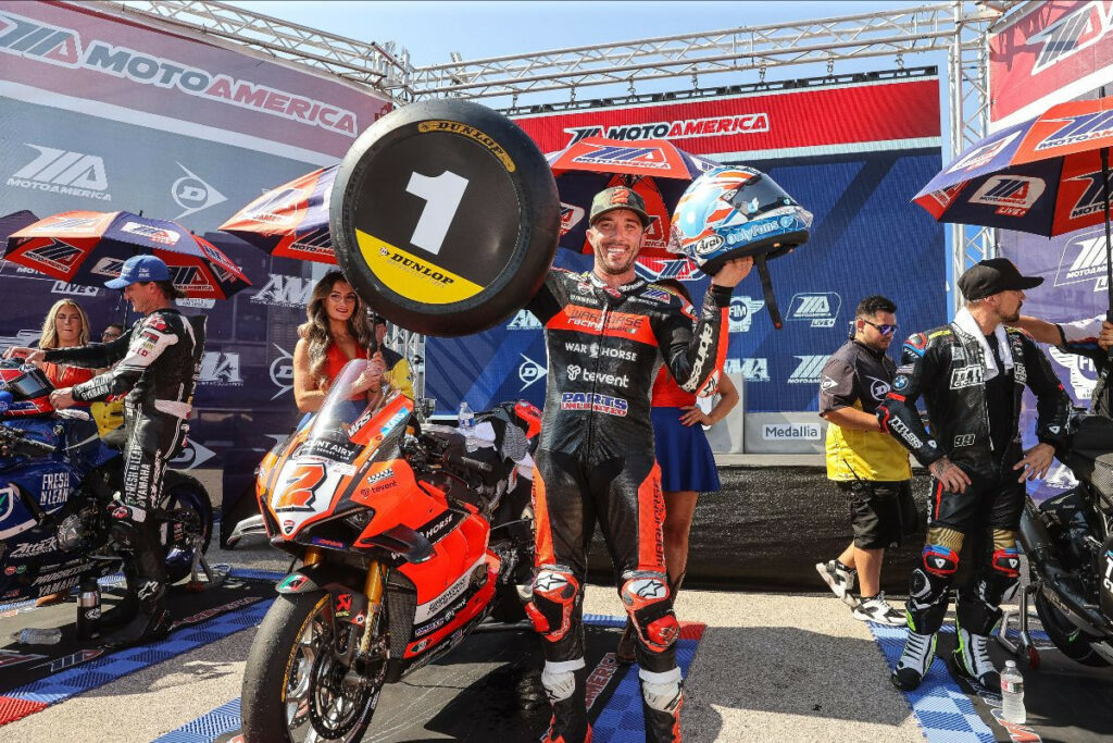 Josh Herrin celebrates his victory, the 10th Superbike win of his career. Photo by Brian J. Nelson.