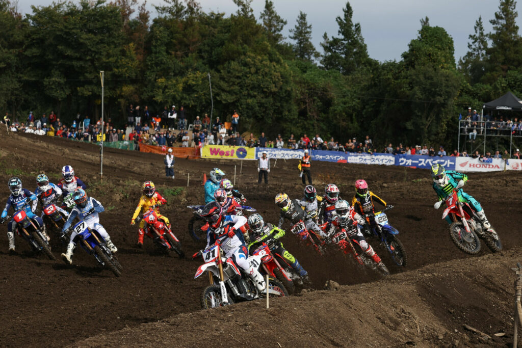 Trey Canard (41) leading the start of an All-Japan Motocross Championship moto on the Honda CR Electric Prototype. Photo courtesy Honda Racing Corporation (HRC).