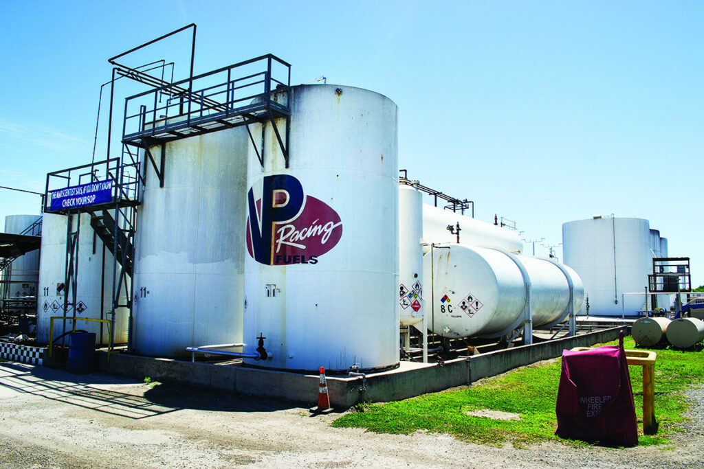 The VP Racing Fuels plant south of San Antonio has over one million gallons of storage and mixing capacity, including the 20,000-gallon tanks seen in the foreground and the 150,000-gallon tanks in the background. Photo by David Swarts.