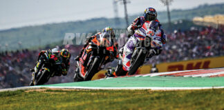 Johann Zarco (5) battles Brad Binder (33) and Marco Bezzecchi (72) at COTA. Photo by Gigi Soldano/DPPI Media.