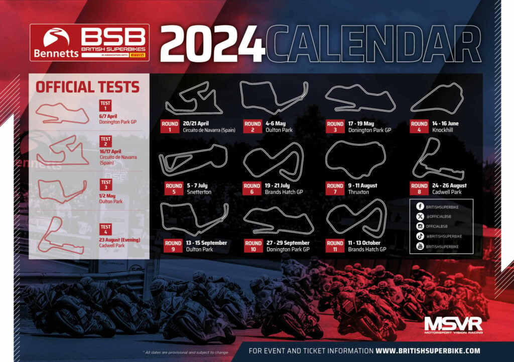 The provisional 2024 British Superbike Championship schedule. Image courtesy MSVR.