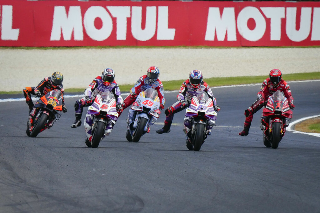 Brad Binder (33), Johann Zarco (5), Fabio Di Giannantonio (49), Jorge Martin (89), and Francesco Bagnaia (1) fight for the lead Saturday at Phillip Island. Photo courtesy Dorna.