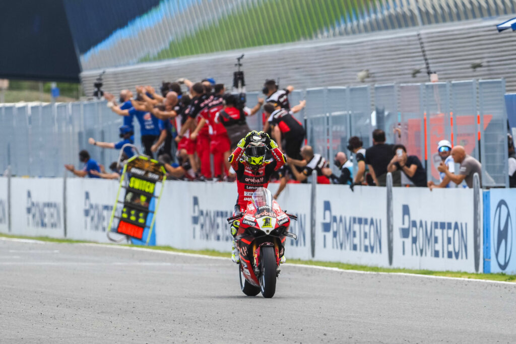 Alvaro Bautista (1) won Race One, clinching his second straight Superbike World Championship. Photo courtesy Dorna.