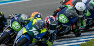 Kensei Matsudaira (74) leading a RFME ESBK Moto4 Spanish National Championship race at Jerez. Photo by Dani Vela, courtesy Evike.com.