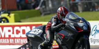 Gaige Herrera on the Vance & Hines Mission Foods Suzuki Hayabusa NHRA Pro Stock drag race bike. Photo courtesy Suzuki Motor USA, LLC.