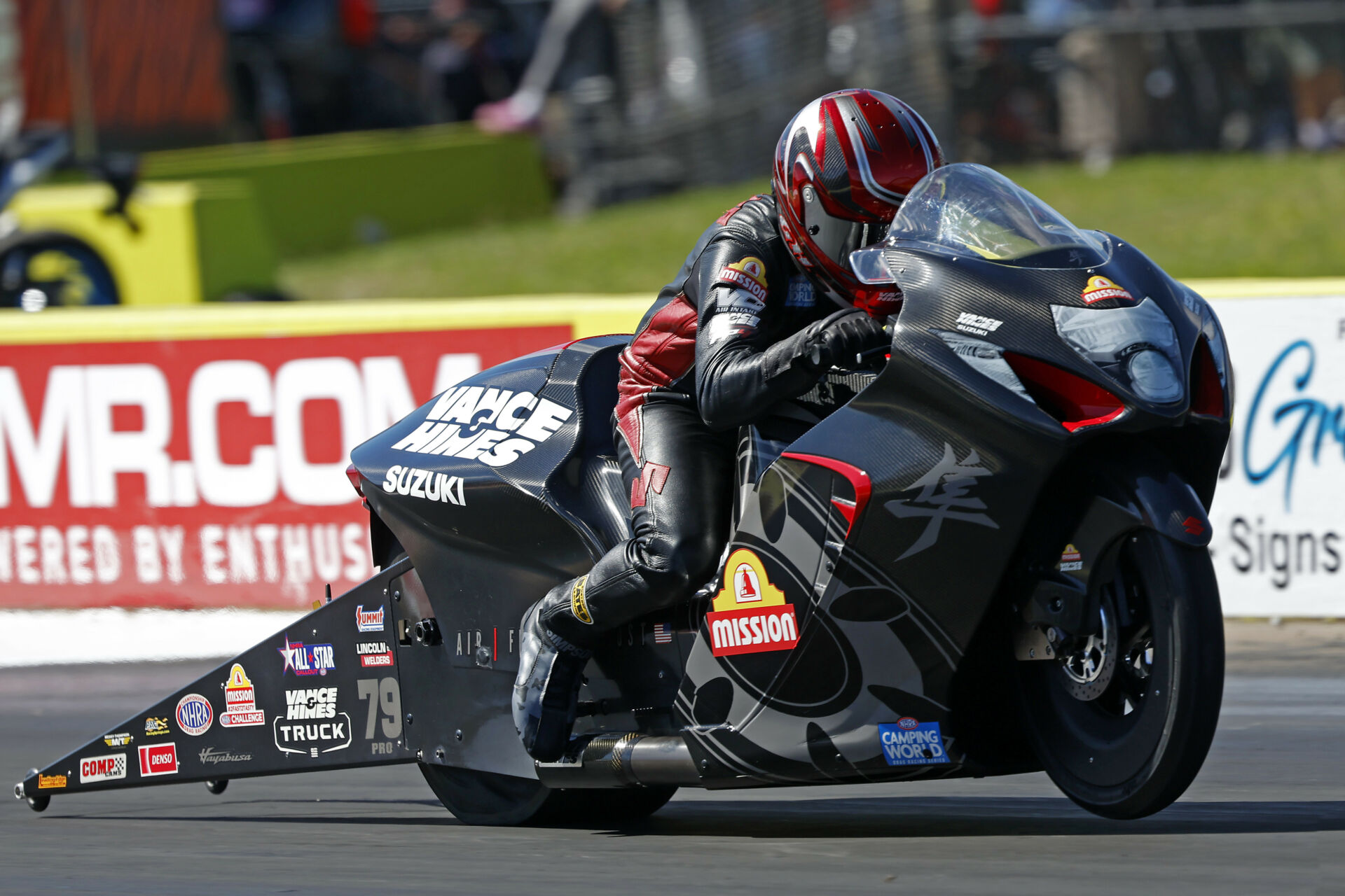 Gaige Herrera on the Vance & Hines Mission Foods Suzuki Hayabusa NHRA Pro Stock drag race bike. Photo courtesy Suzuki Motor USA, LLC.