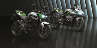 A 2024 Kawasaki Z e-1 ABS (left) and a 2024 Kawasaki Ninja e-1 ABS (right). Photo courtesy Kawasaki Motors Corp., U.S.A.