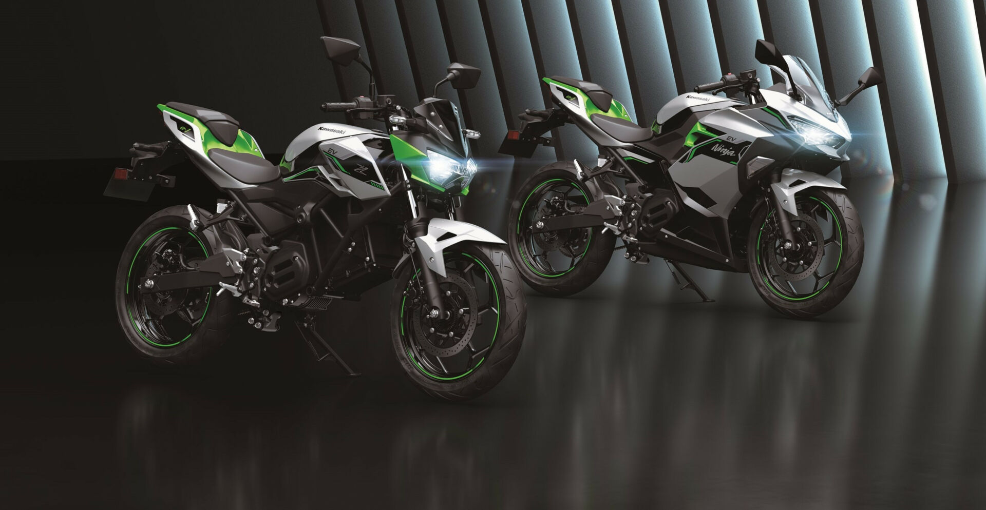 A 2024 Kawasaki Z e-1 ABS (left) and a 2024 Kawasaki Ninja e-1 ABS (right). Photo courtesy Kawasaki Motors Corp., U.S.A.