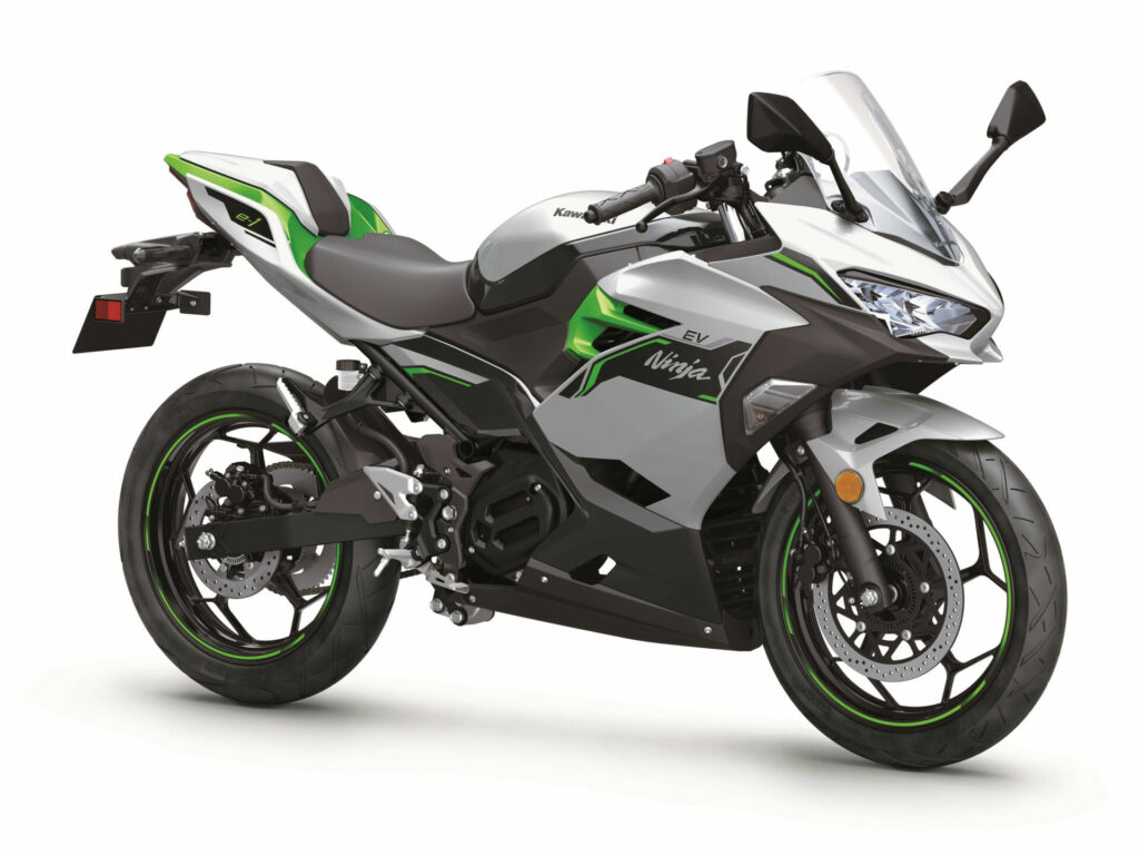 A 2024 Kawasaki Ninja e-1 ABS (right). Photo courtesy Kawasaki Motors Corp., U.S.A.