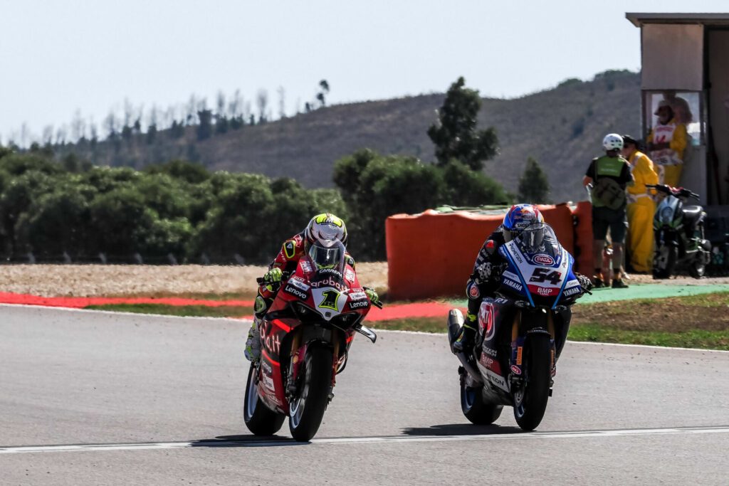 Alvaro Baustia (1) edged out Toprak Razgatlioglu (54) to win Race Two. Photo courtesy Dorna.