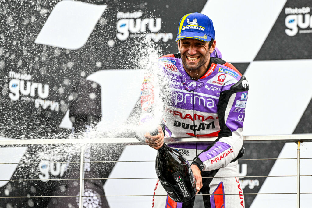 Johann Zarco celebrates his maiden MotoGP race victory. Photo courtesy Dorna.