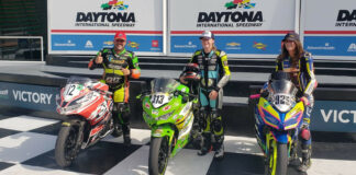 Trenton Keesee (center) after winning the ASRA 400 National at Daytona over runner-up Alex Ferreira (left) and third-place finisher Elisa Gendron-Belen (right). Photo courtesy Bruce Gendron.