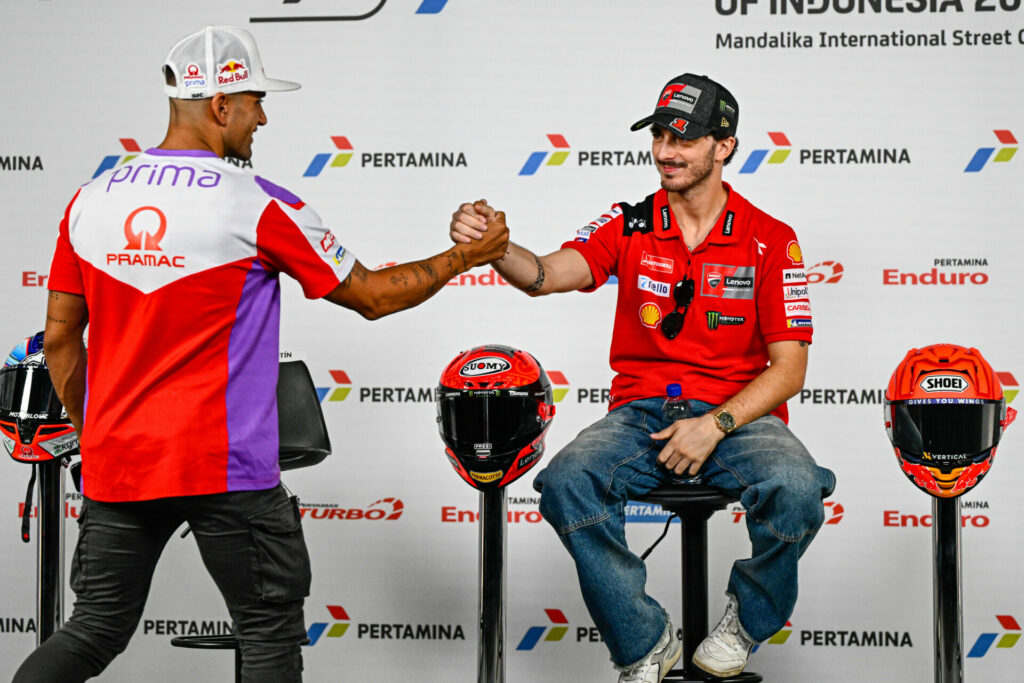 Defending World Champion Francesco Bagnaia (right) greets Jorge Martin (left), his greatest title challenger at the moment. Photo courtesy Dorna.