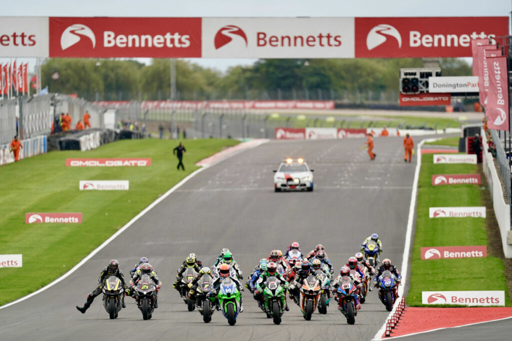 The Bennetts British Superbike field heads into Turn One Sunday at Donington Park. Photo courtesy MSVR.