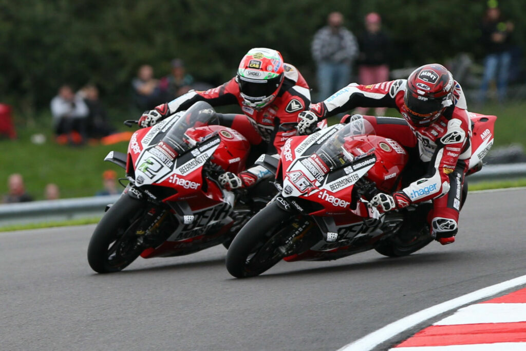 British Superbike Championship front runners and teammates Glenn Irwin (2) and Tommy Bridewell (46) battled Sunday at Donington Park. Photo courtesy MSVR.