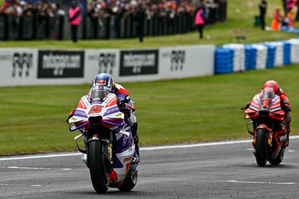 Johan Zarco (5) beat Francesco Bagnaia (1) to the finish line to take his first-ever MotoGP race win. Photo courtesy Dorna.