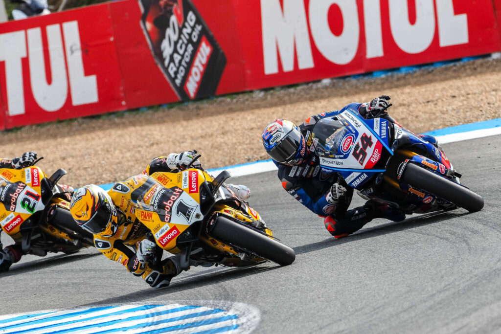 Toprak Razgatlioglu (54) and Alvaro Bautista (1) fought all the way to the finish. Michael Rinaldi (21) finished sixth. Photo courtesy Dorna.